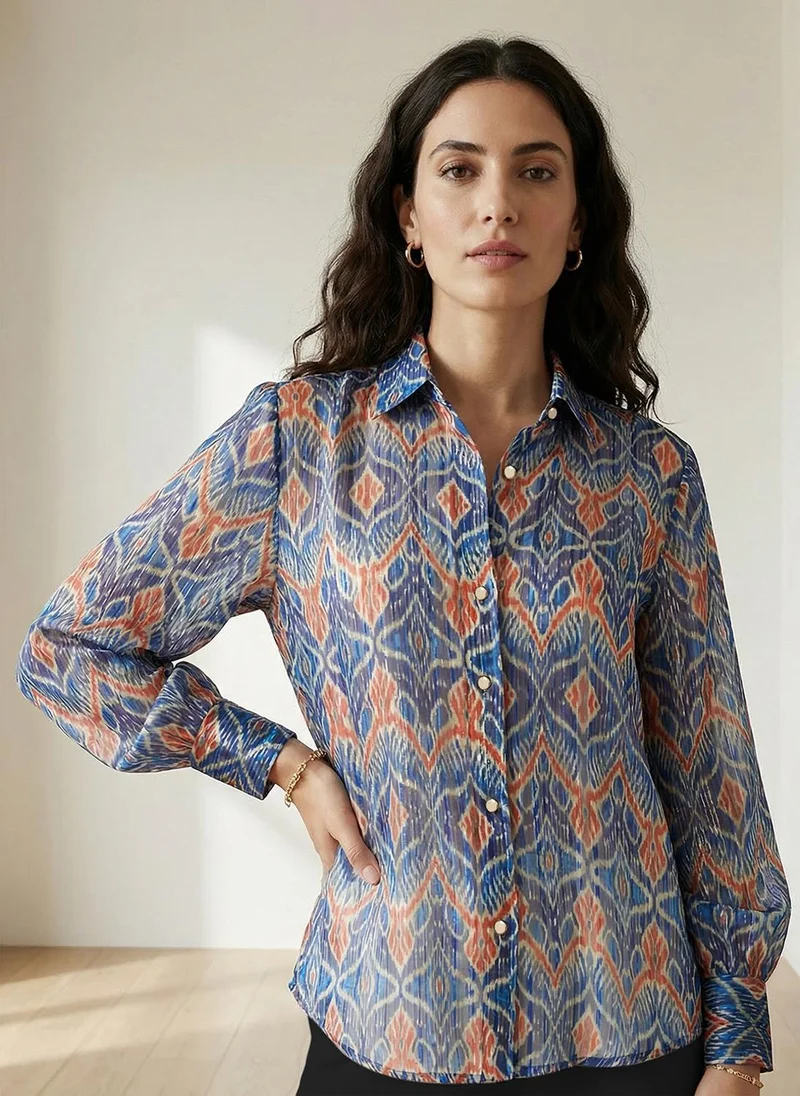 globus Globus Women Blue Spread Collar Ethnic Print Lurex Details Cuffed Sleeves Relaxed Fit Satin Party Shirt